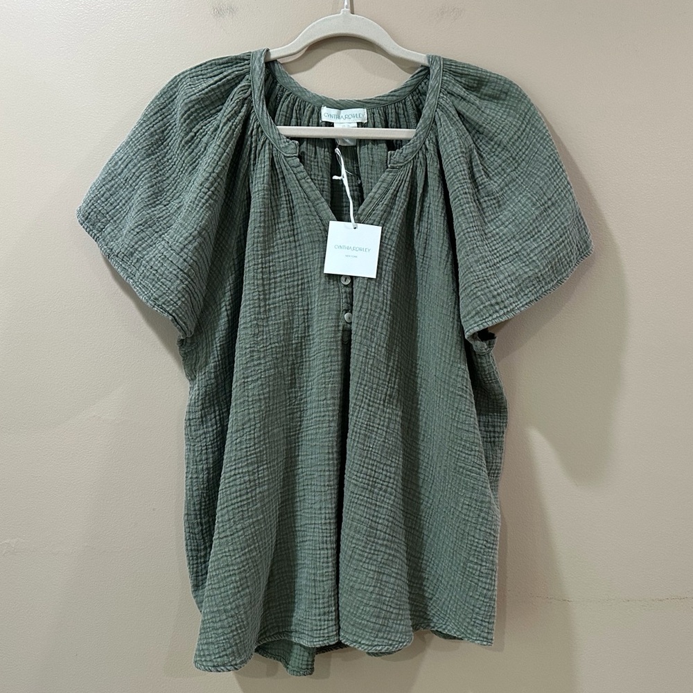 NWT Cynthia Rowley Green Cotton Gauze Blouse Top V Neck Beach Womens Plus 1X